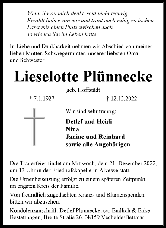Traueranzeige von Lieselotte Plünnecke von Braunschweiger Zeitung