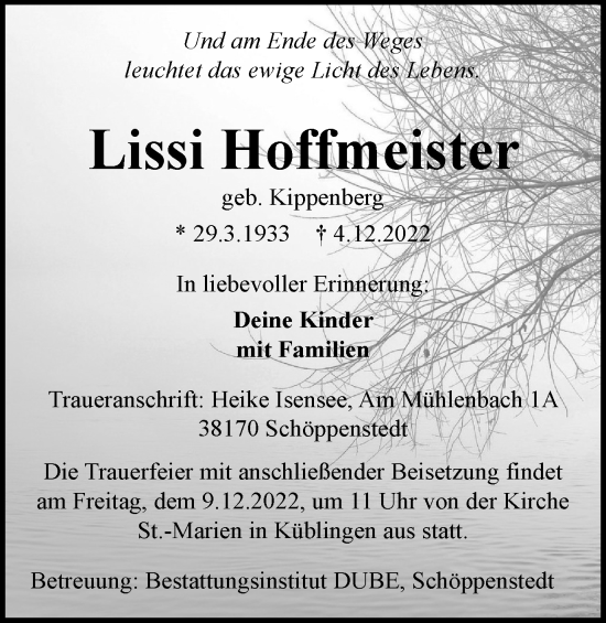 Traueranzeige von Lissi Hoffmeister von Wolfenbütteler Zeitung