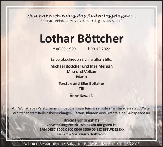 Traueranzeige von Lothar Böttcher von Salzgitter-Zeitung