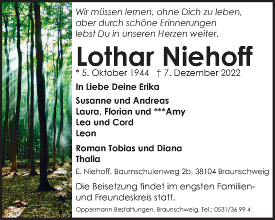 Traueranzeige von Lothar Niehoff von Braunschweiger Zeitung