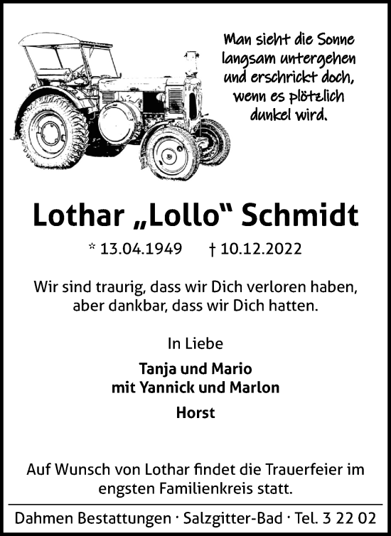 Traueranzeige von Lothar Schmidt von Salzgitter-Zeitung
