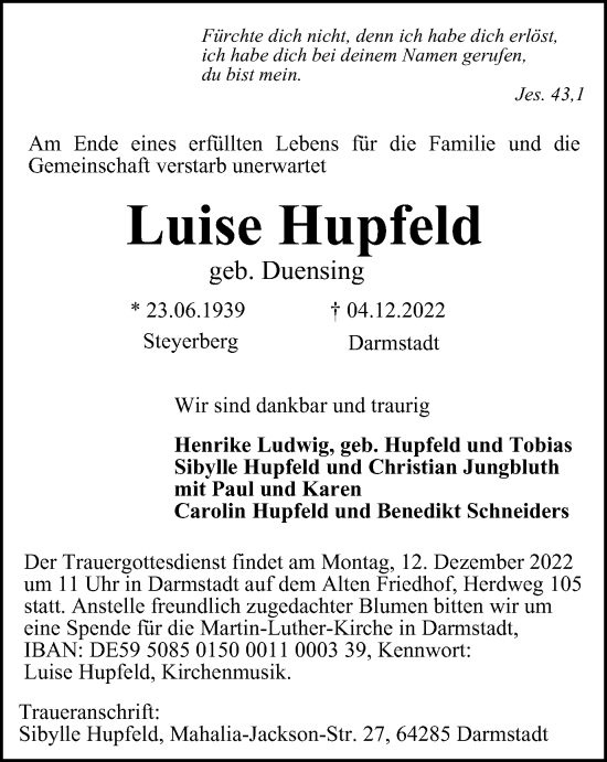 Traueranzeige von Luise Hupfeld von Salzgitter-Zeitung