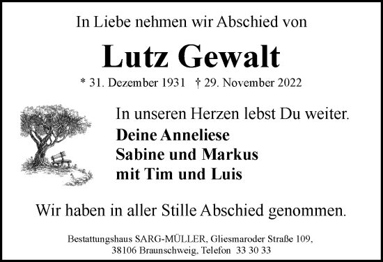 Traueranzeige von Lutz Gewalt von Braunschweiger Zeitung