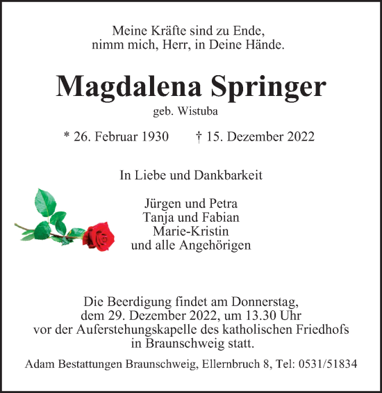 Traueranzeige von Magdalena Springer von Braunschweiger Zeitung
