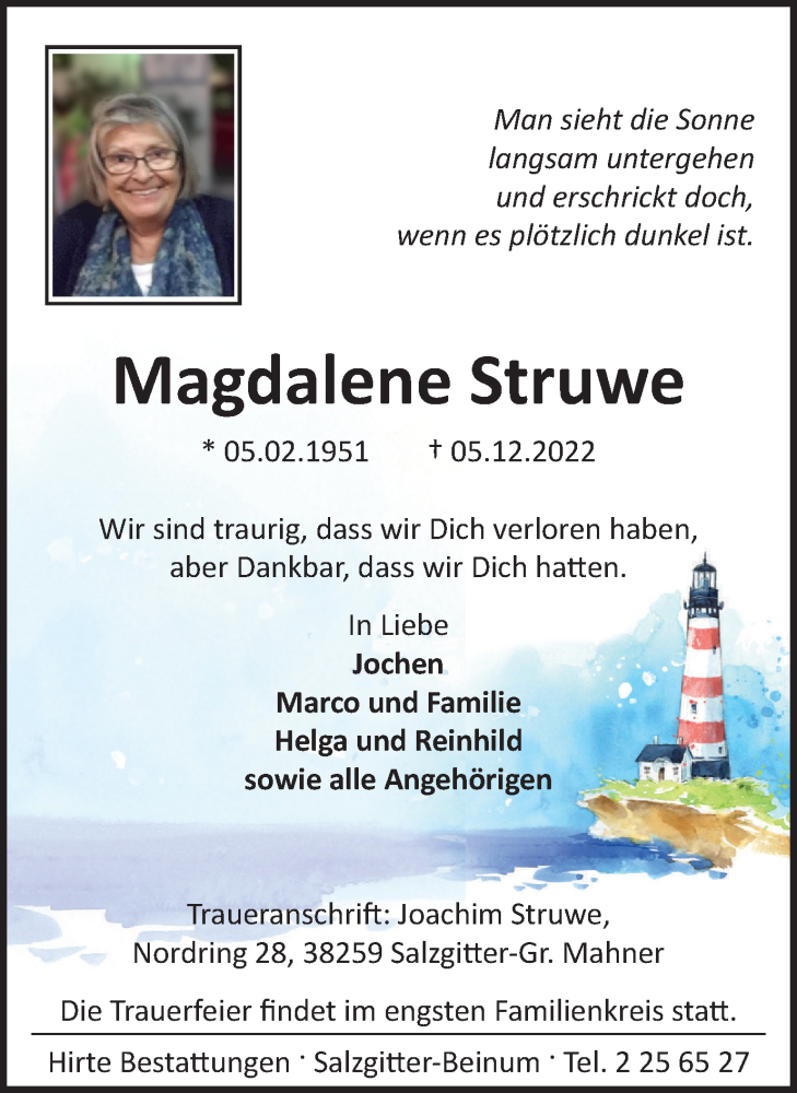 Traueranzeige für Magdalene Struwe vom 10.12.2022 aus Salzgitter-Zeitung