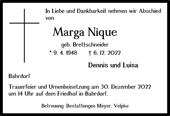 Traueranzeige von Marga Nique von Helmstedter Nachrichten