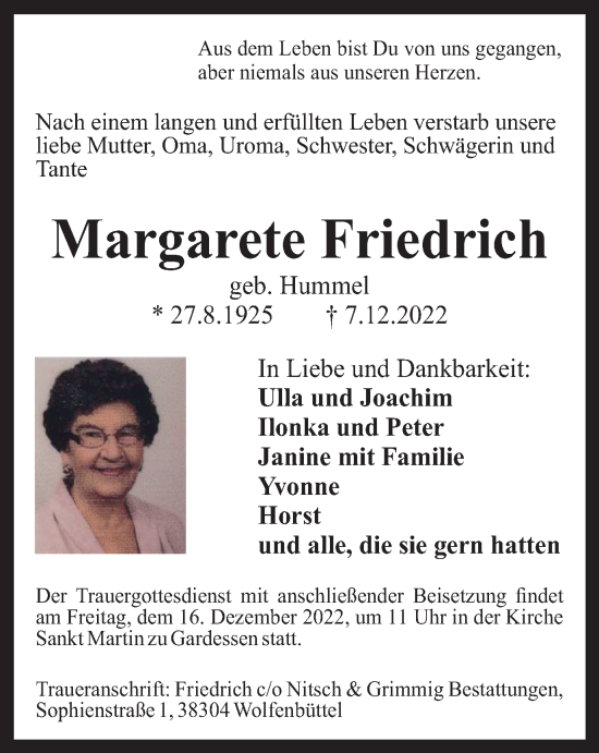 Traueranzeige von Margarete Friedrich von Wolfenbütteler Zeitung