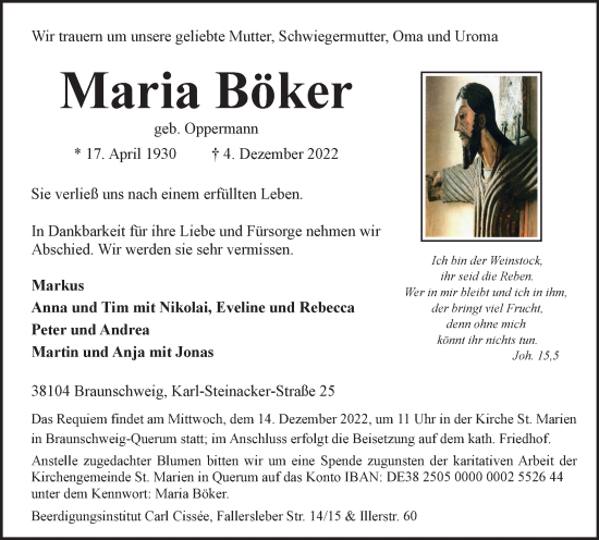 Traueranzeige von Maria Böker von Braunschweiger Zeitung