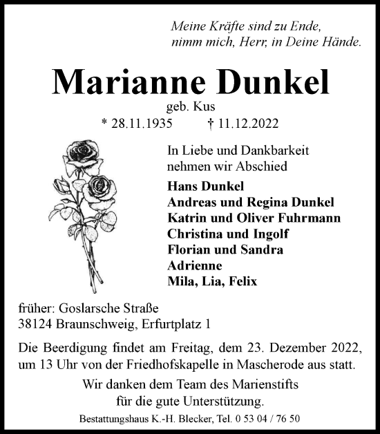 Traueranzeige von Marianne Dunkel von Braunschweiger Zeitung