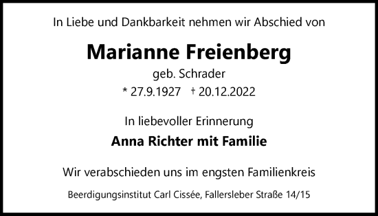 Traueranzeige von Marianne Freienberg von Braunschweiger Zeitung