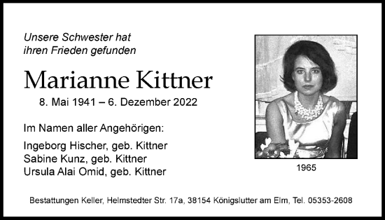 Traueranzeige von Marianne Kittner von Braunschweiger Zeitung