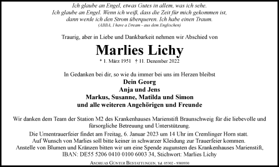 Traueranzeige von Marlies Lichy von Braunschweiger Zeitung