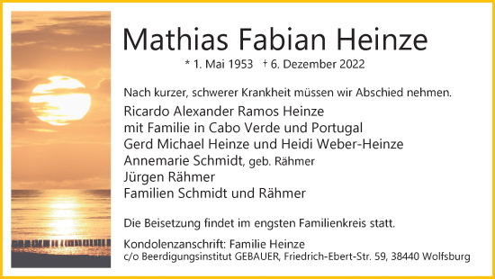 Traueranzeige von Mathias Fabian Heinz von Wolfsburger Nachrichten