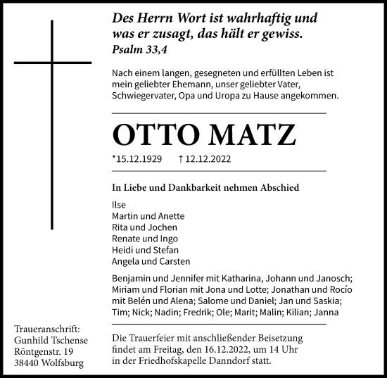Traueranzeige von Otto Matz von Helmstedter Nachrichten
