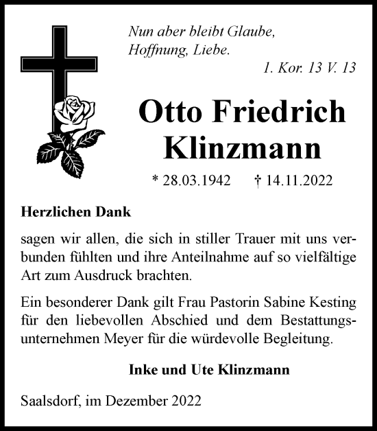 Traueranzeige von Otto Friedirch Klinzmann von Helmstedter Nachrichten