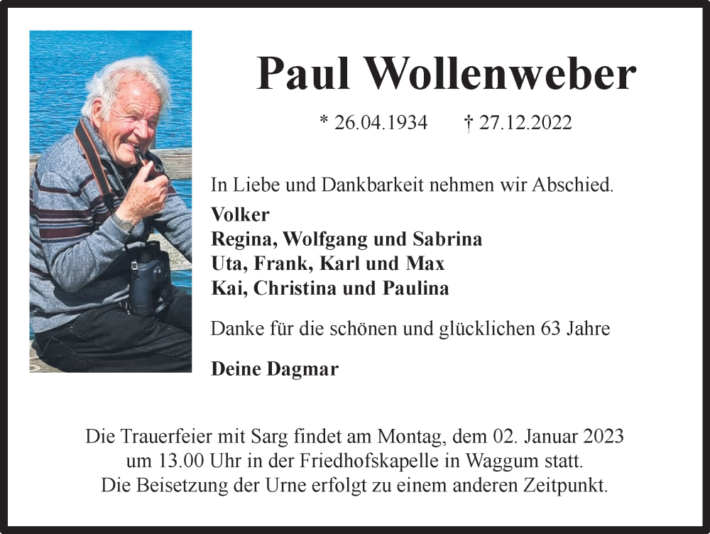  Traueranzeige für Paul Wollenweber vom 31.12.2022 aus Braunschweiger Zeitung
