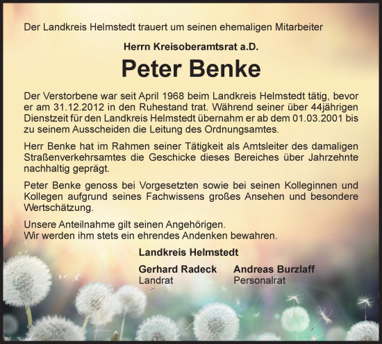 Traueranzeige von Peter Benke von Helmstedter Nachrichten