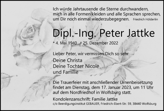 Traueranzeige von Peter Jattke von Wolfsburger Nachrichten