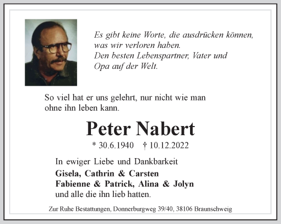 Traueranzeige von Peter Nabert von Braunschweiger Zeitung