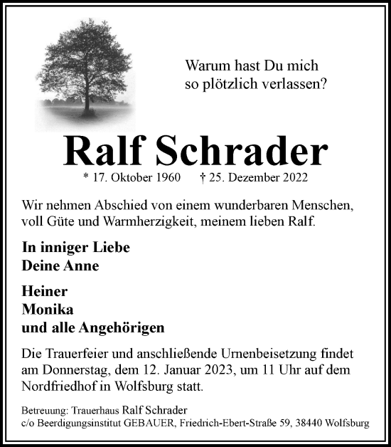 Traueranzeige von Ralf Schrader von Wolfsburger Nachrichten