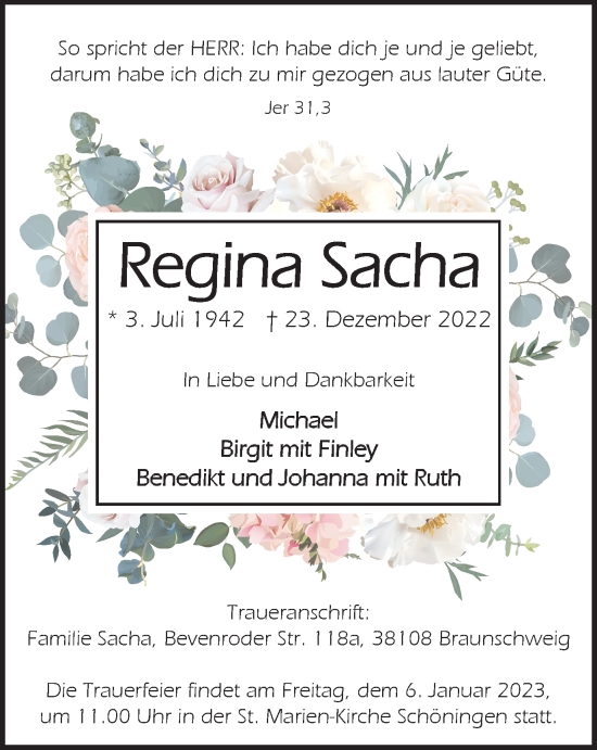Traueranzeige von Regina Sacha von Braunschweiger Zeitung