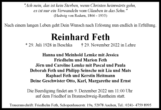 Traueranzeige von Reinhard Feth von Braunschweiger Zeitung