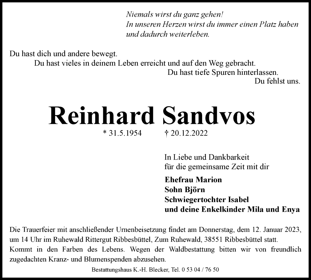 Traueranzeige für Reinhard Sandvos vom 31.12.2022 aus Braunschweiger Zeitung