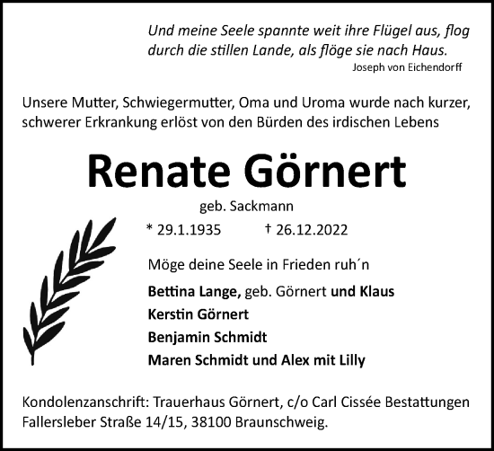 Traueranzeige von Renate Görnert von Braunschweiger Zeitung