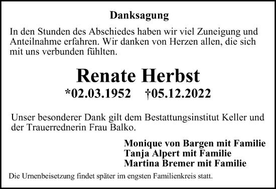 Traueranzeige von Renate Herbst von Braunschweiger Zeitung