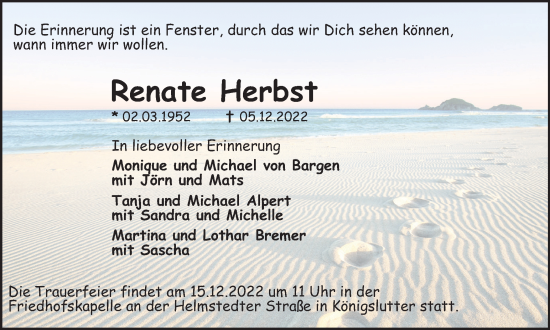 Traueranzeige von Renate Herbst von Helmstedter Nachrichten
