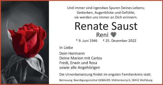 Traueranzeige von Renate Saust von Wolfsburger Nachrichten