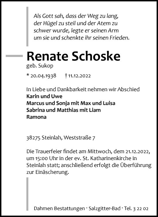 Traueranzeige von Renate Schoske von Salzgitter-Zeitung