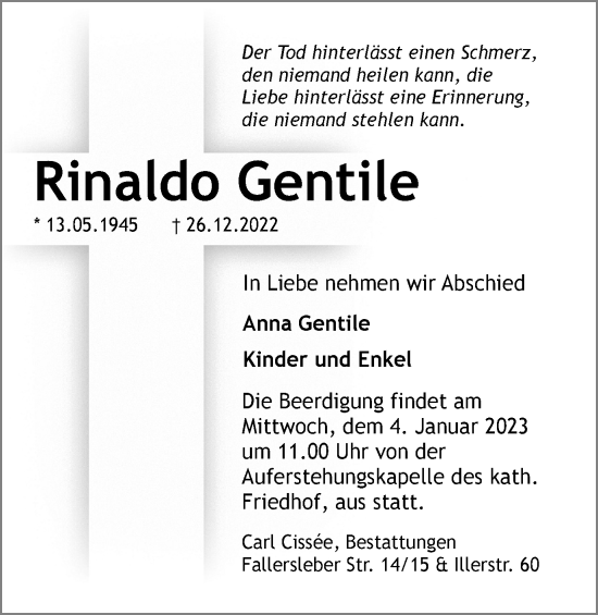 Traueranzeige von Rinaldo Gentile von Braunschweiger Zeitung