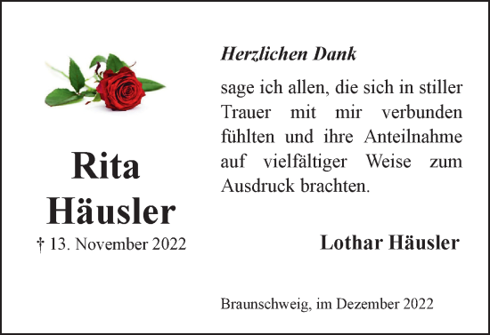 Traueranzeige von Rita Häusler von Braunschweiger Zeitung