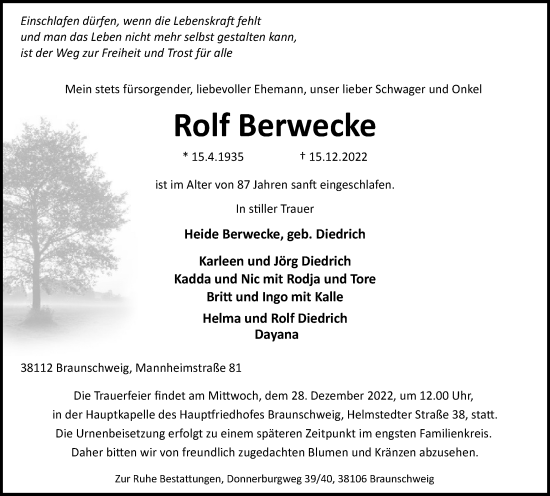 Traueranzeige von Rolf Berwecke von Braunschweiger Zeitung