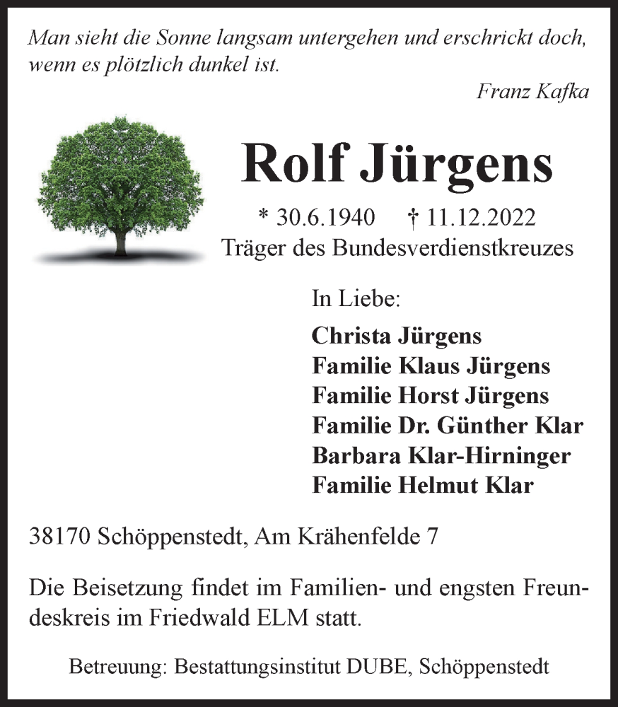  Traueranzeige für Rolf Jürgens vom 14.12.2022 aus Wolfenbütteler Zeitung