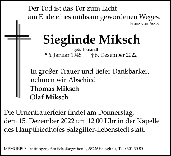 Traueranzeige von Sieglinde Miksch von Salzgitter-Zeitung