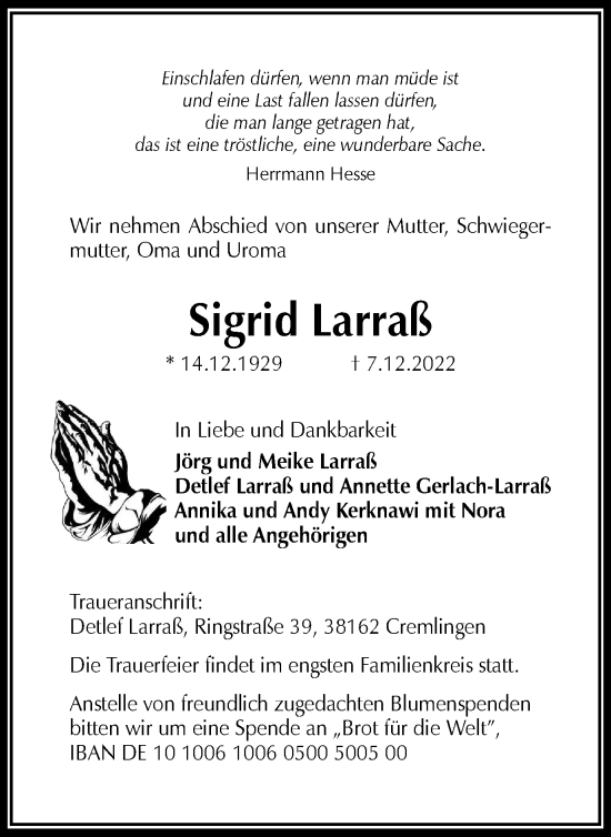 Traueranzeige von Sigrid Larraß von Wolfenbütteler Zeitung