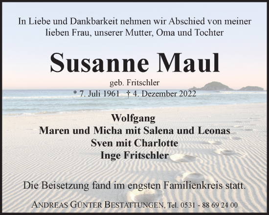 Traueranzeige von Susanne Maul von Braunschweiger Zeitung