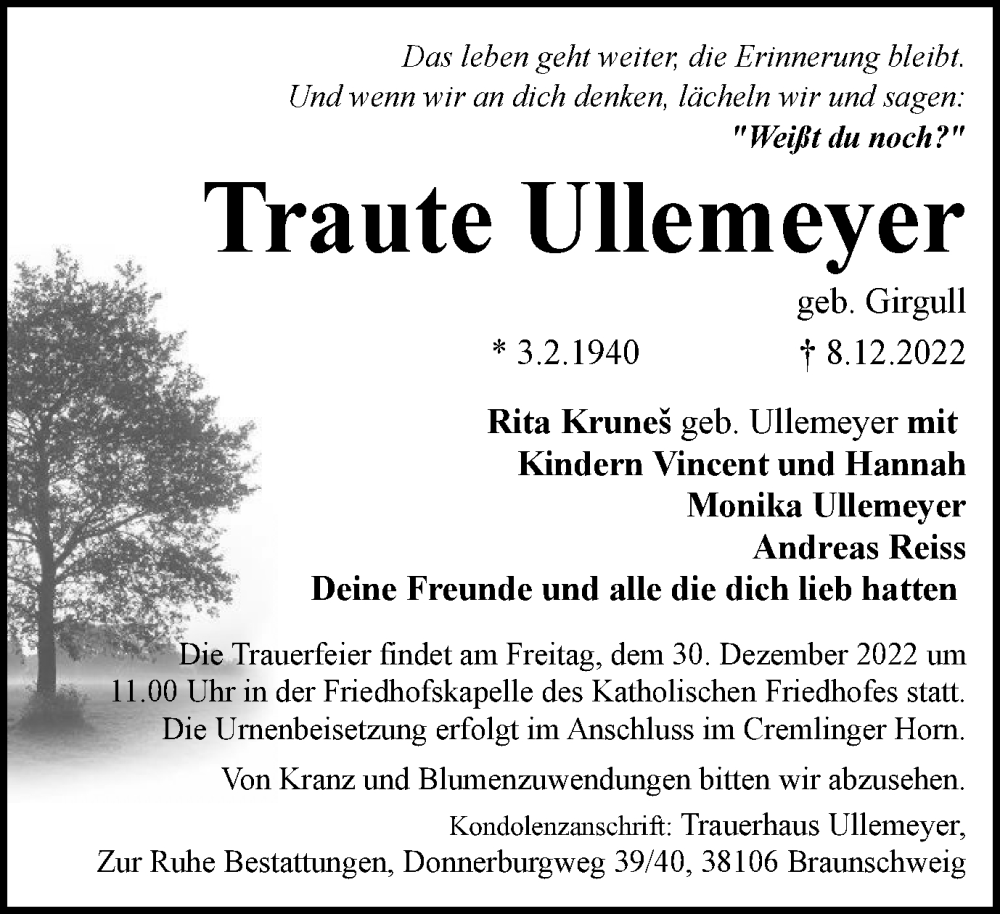  Traueranzeige für Traute Ullemeyer vom 24.12.2022 aus Braunschweiger Zeitung