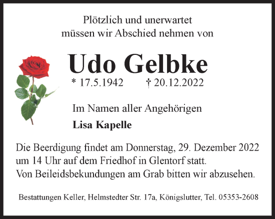 Traueranzeige von Udo Gelbke von Helmstedter Nachrichten