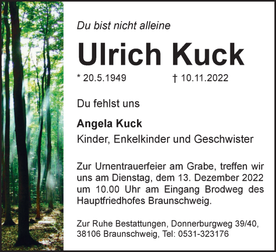 Traueranzeige von Ulrich Kuck von Braunschweiger Zeitung