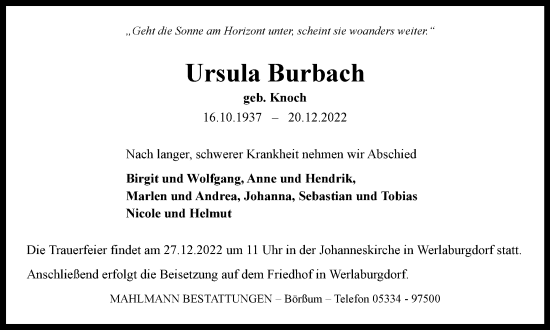 Traueranzeige von Ursula Burbach von Salzgitter-Zeitung, Wolfenbütteler Zeitung