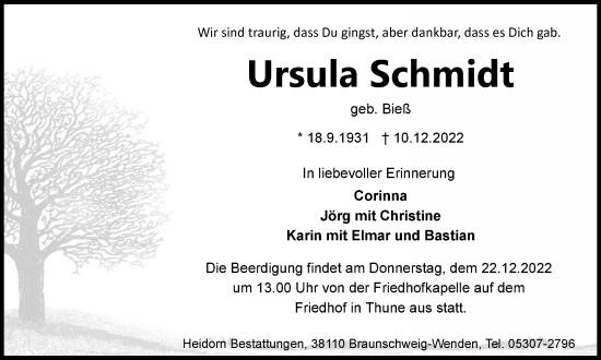 Traueranzeige von Ursula Schmidt von Braunschweiger Zeitung