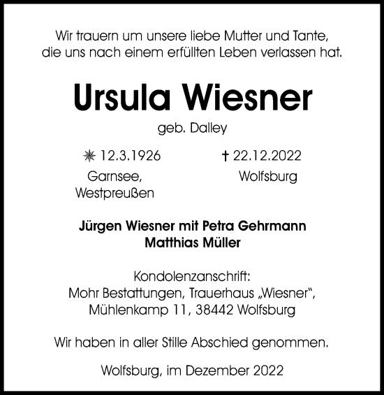 Traueranzeige von Ursula Wiesner von Wolfsburger Nachrichten