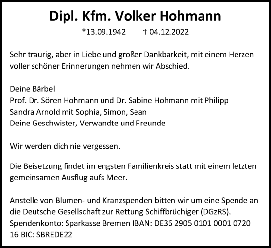 Traueranzeige von Volker Hohmann von Wolfenbütteler Zeitung