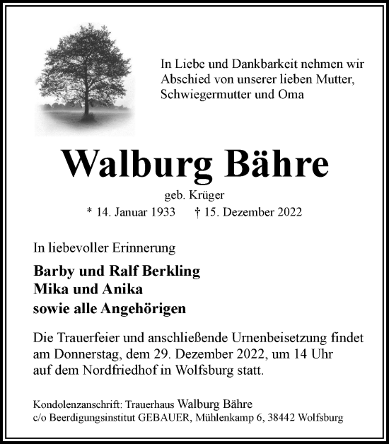 Traueranzeige von Walburg Bähre von Wolfsburger Nachrichten