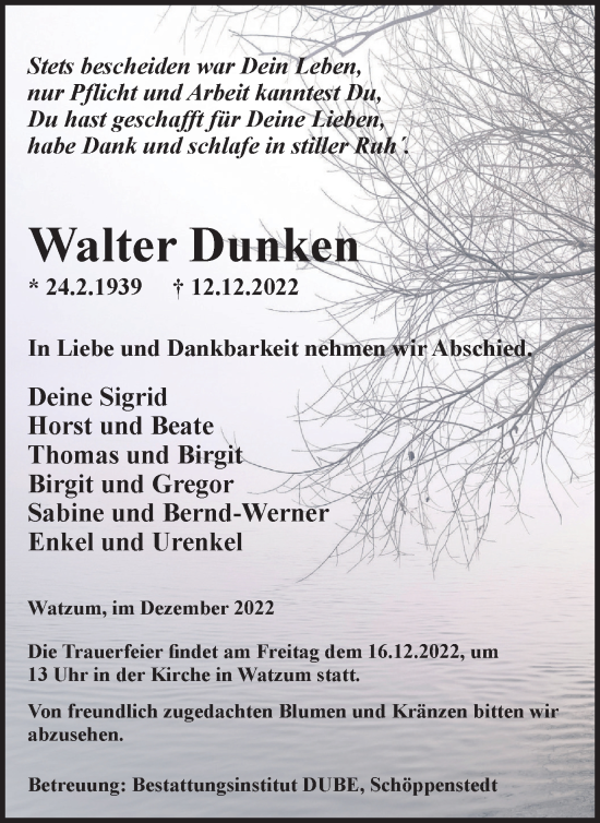 Traueranzeige von Walter Dunken von Wolfenbütteler Zeitung