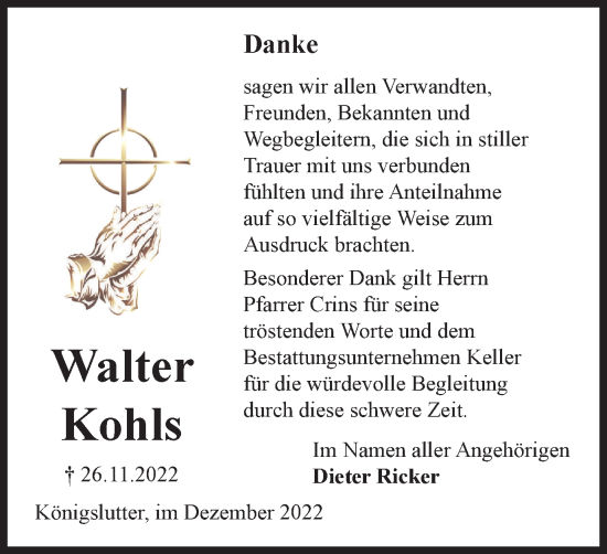 Traueranzeige von Walter Kohls von Helmstedter Nachrichten