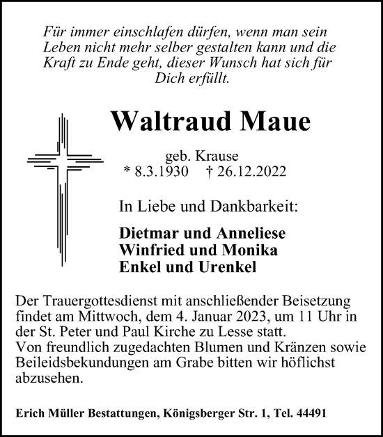 Traueranzeige von Waltraud Maue von Salzgitter-Zeitung